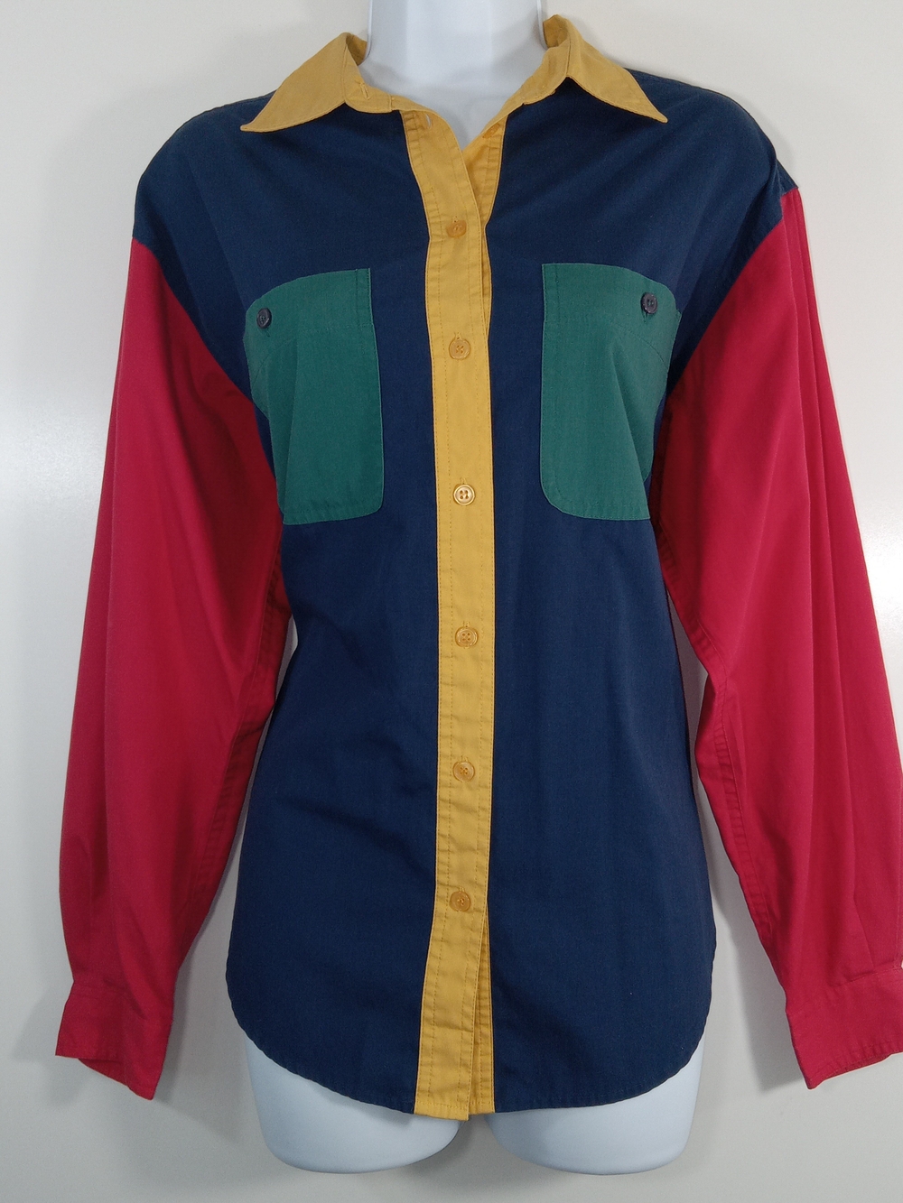 Vtg Unisex Cabin Creek Colorblock Button-Down Shirt - Navy, Red, Green, Yellow